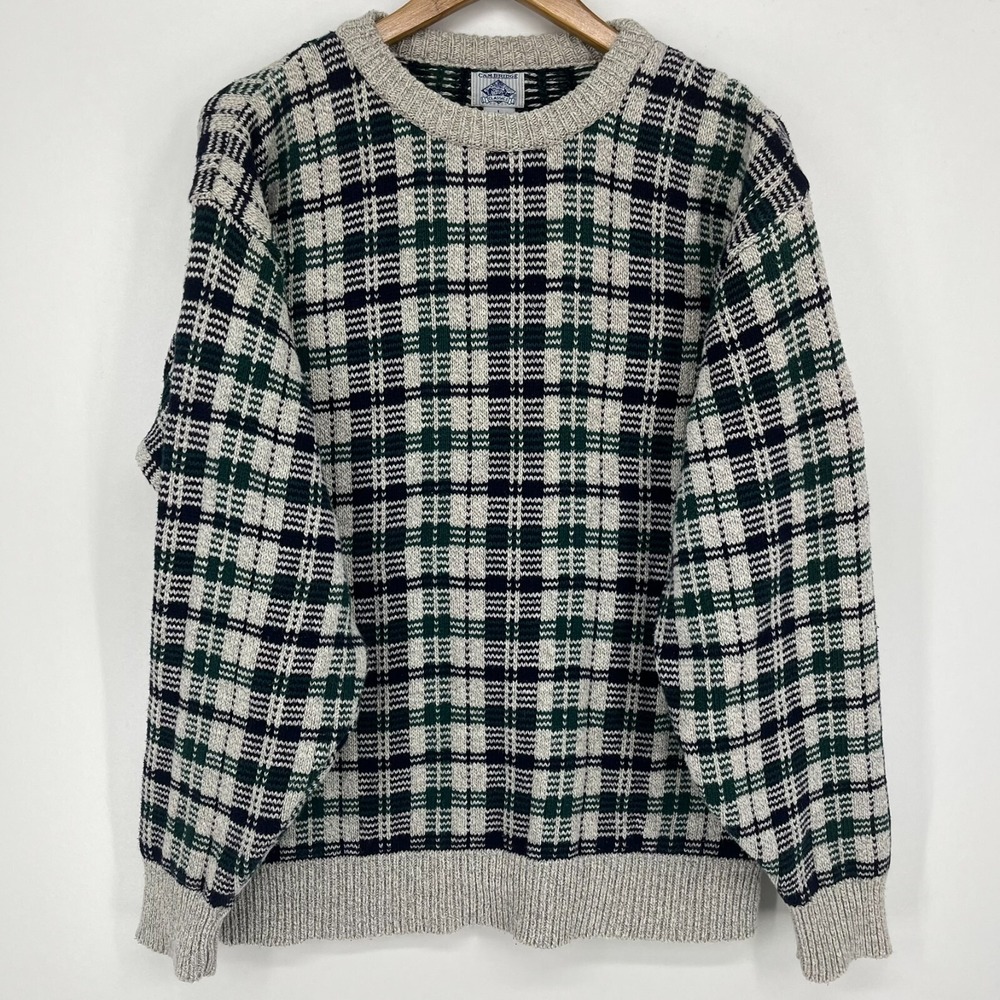 Cambridge Classics Mens Plaid Crewneck Sweater Green Navy Blue White Large USA